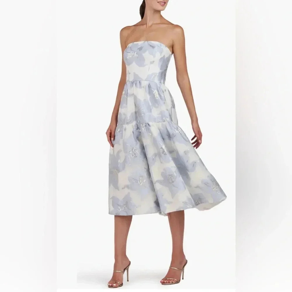 Kay Unger Cassie Metallic Strapless Midi Dress size 16 Pale Blue/ Ivory